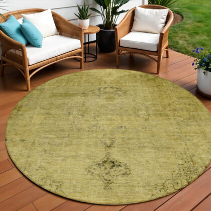 8' Gold Brown And Wheat Round Oriental Washable Indoor Outdoor Area Rug