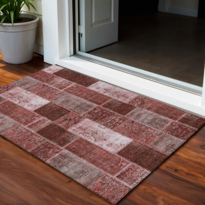 3' X 5' Burgundy Merlot And Blush Patchwork Washable Indoor Outdoor Area Rug
