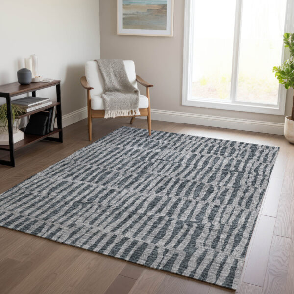 10' X 14' Charcoal And Gray Striped Washable Indoor Outdoor Area Rug