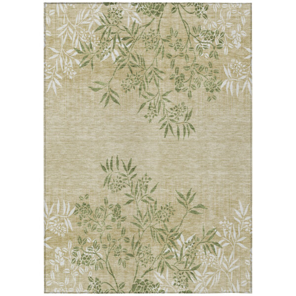 10' X 14' Khaki Ivory And Green Floral Washable Indoor Outdoor Area Rug