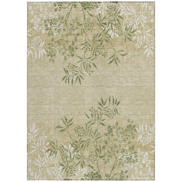 10' X 14' Khaki Ivory And Green Floral Washable Indoor Outdoor Area Rug