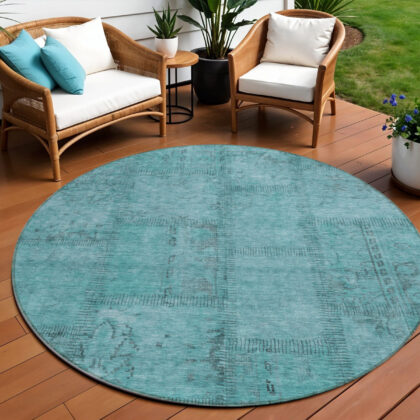 8' Teal Blue And Aqua Round Patchwork Washable Indoor Outdoor Area Rug