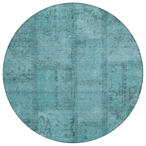 8' Teal Blue And Aqua Round Patchwork Washable Indoor Outdoor Area Rug