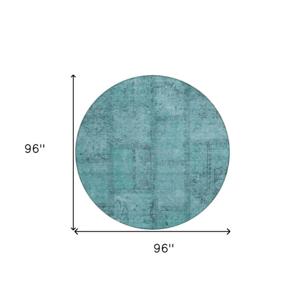 8' Teal Blue And Aqua Round Patchwork Washable Indoor Outdoor Area Rug