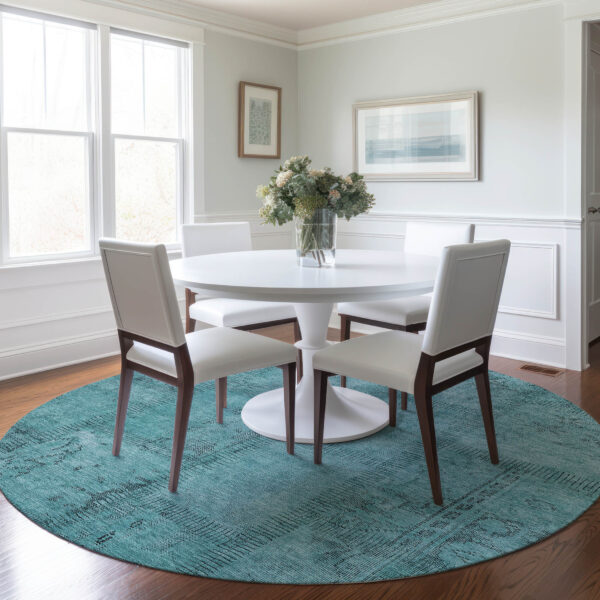 8' Teal Blue And Aqua Round Patchwork Washable Indoor Outdoor Area Rug