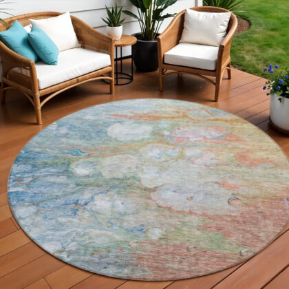 8' Copper Blue And Artichoke Green Round Abstract Washable Indoor Outdoor Area Rug