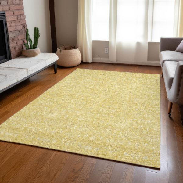 5' X 8' Yellow Gold And Ivory Floral Washable Indoor Outdoor Area Rug