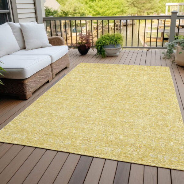 5' X 8' Yellow Gold And Ivory Floral Washable Indoor Outdoor Area Rug