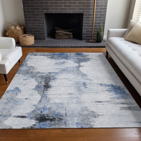 3' X 5' Navy Blue And Ivory Abstract Washable Indoor Outdoor Area Rug