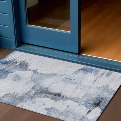 3' X 5' Navy Blue And Ivory Abstract Washable Indoor Outdoor Area Rug