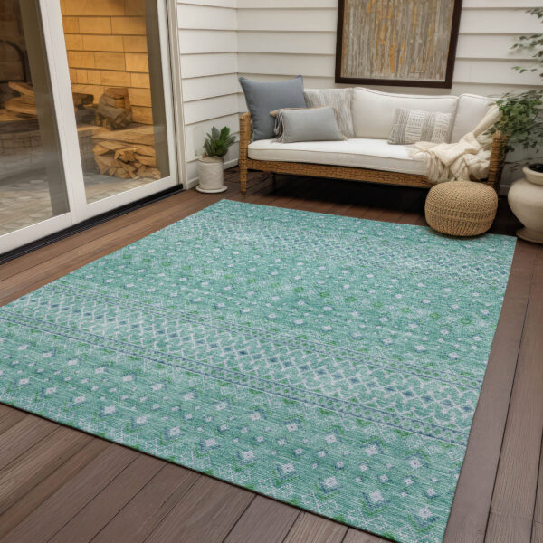 9' X 12' Aqua Teal Blue And Ivory Tribal Washable Indoor Outdoor Area Rug