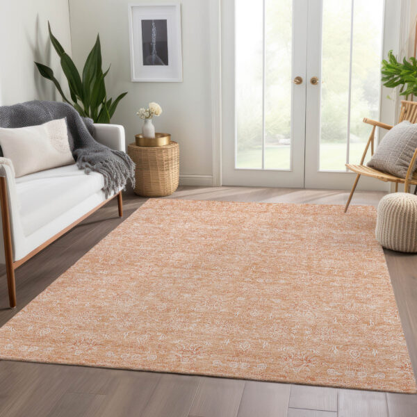 8' X 10' Peach And Ivory Floral Washable Indoor Outdoor Area Rug
