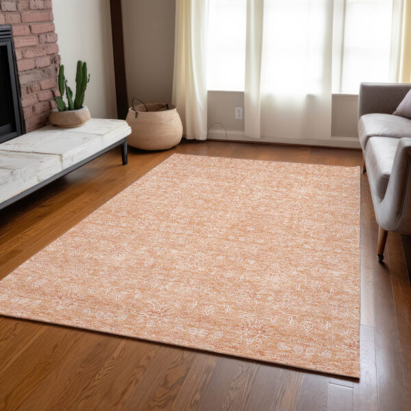 8' X 10' Peach And Ivory Floral Washable Indoor Outdoor Area Rug