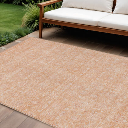 8' X 10' Peach And Ivory Floral Washable Indoor Outdoor Area Rug