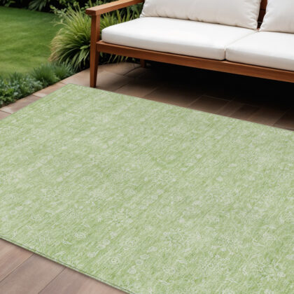 8' X 10' Artichoke Green Mint Green And Ivory Floral Washable Indoor Outdoor Area Rug