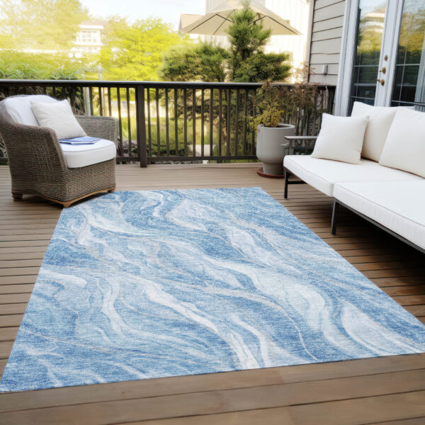 8' X 10' Denim Blue And Sky Blue Abstract Washable Indoor Outdoor Area Rug
