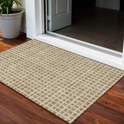 3' X 5' Gold And Beige Geometric Washable Indoor Outdoor Area Rug