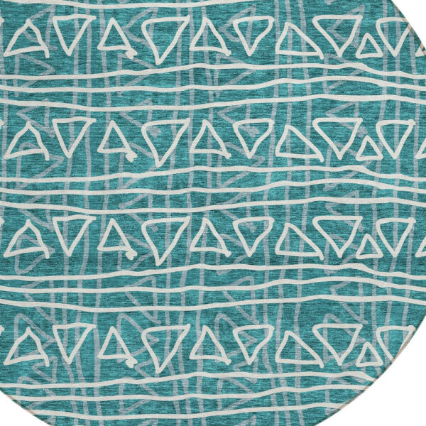 8' Teal Blue And Ivory Round Geometric Washable Indoor Outdoor Area Rug