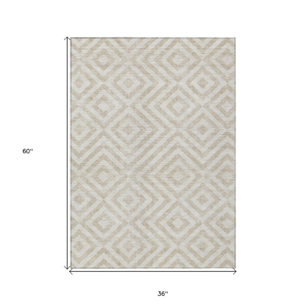 3' X 5' Ivory And Beige Geometric Washable Indoor Outdoor Area Rug