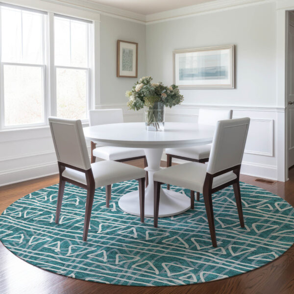 8' Teal Blue And Ivory Round Geometric Washable Indoor Outdoor Area Rug