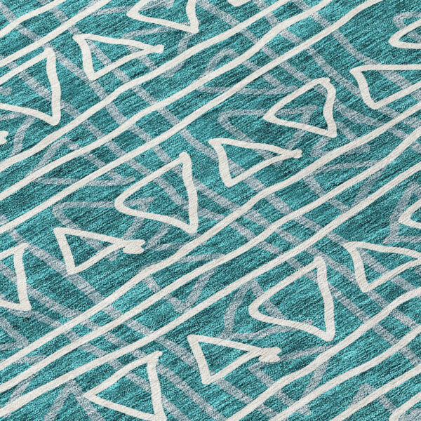 8' Teal Blue And Ivory Round Geometric Washable Indoor Outdoor Area Rug