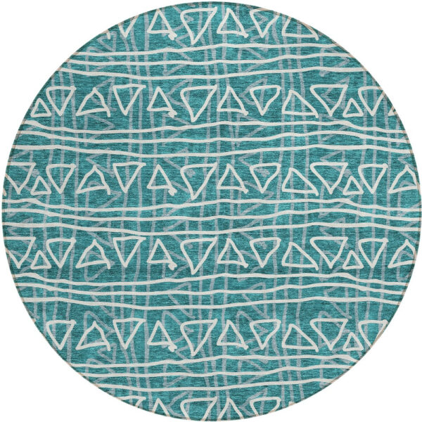 8' Teal Blue And Ivory Round Geometric Washable Indoor Outdoor Area Rug