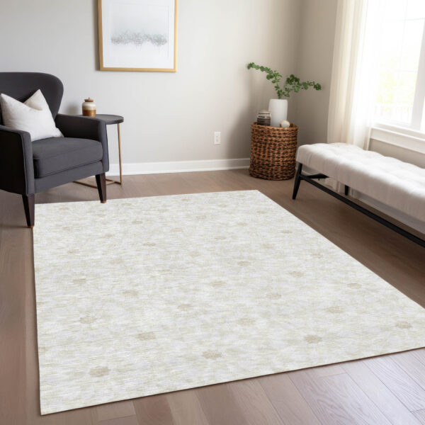 9' X 12' Ivory Beige And Taupe Floral Medallion Washable Indoor Outdoor Area Rug