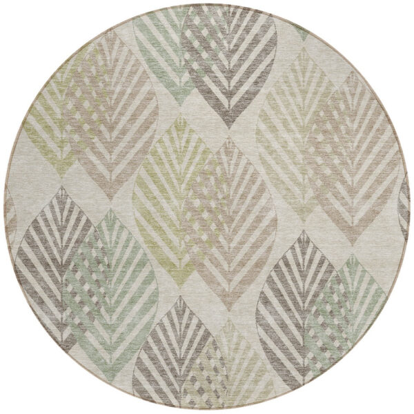 8' Beige Taupe And Artichoke Green Round Floral Washable Indoor Outdoor Area Rug