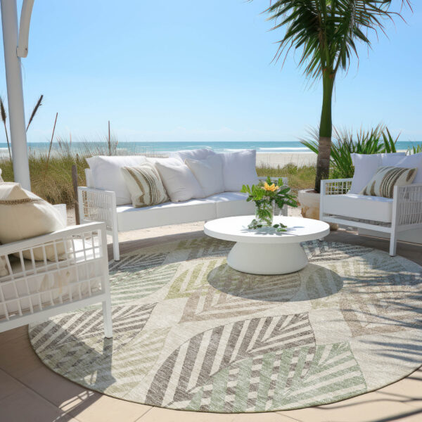 8' Beige Taupe And Artichoke Green Round Floral Washable Indoor Outdoor Area Rug
