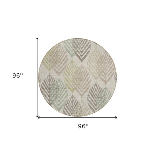 8' Beige Taupe And Artichoke Green Round Floral Washable Indoor Outdoor Area Rug