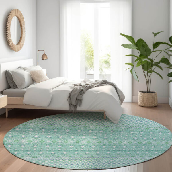 8' Aqua Teal Blue And Ivory Round Tribal Washable Indoor Outdoor Area Rug