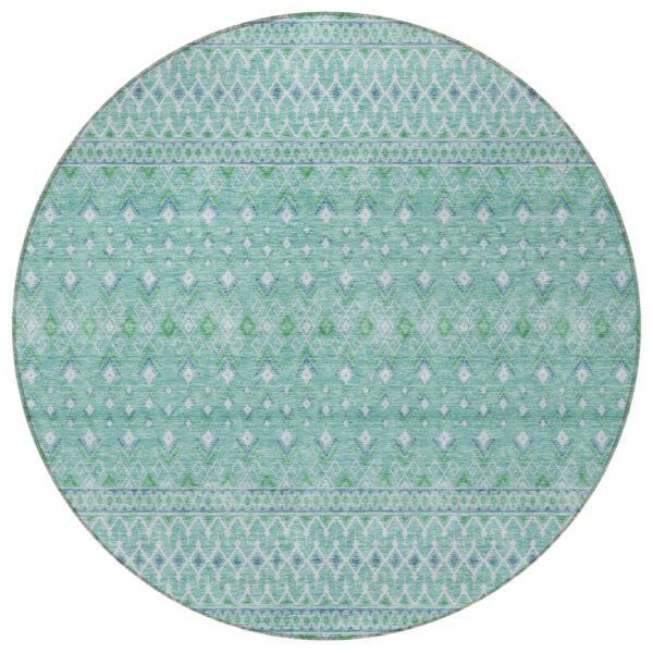 8' Aqua Teal Blue And Ivory Round Tribal Washable Indoor Outdoor Area Rug