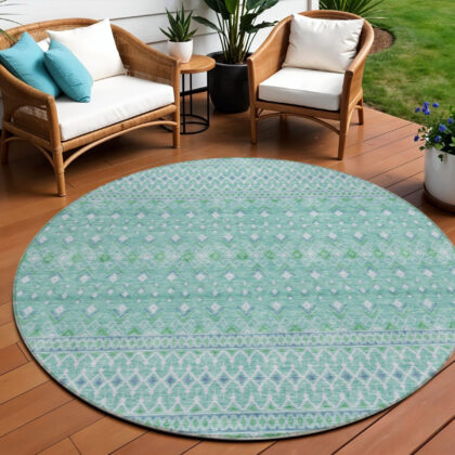8' Aqua Teal Blue And Ivory Round Tribal Washable Indoor Outdoor Area Rug