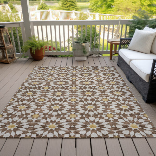 5' X 8' Chocolate Ivory And Gold Floral Medallion Washable Indoor Outdoor Area Rug