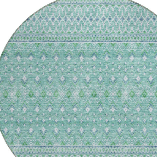 8' Aqua Teal Blue And Ivory Round Tribal Washable Indoor Outdoor Area Rug