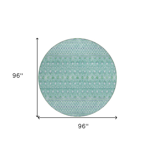 8' Aqua Teal Blue And Ivory Round Tribal Washable Indoor Outdoor Area Rug