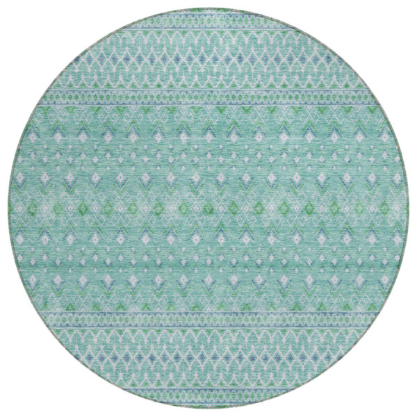 8' Aqua Teal Blue And Ivory Round Tribal Washable Indoor Outdoor Area Rug