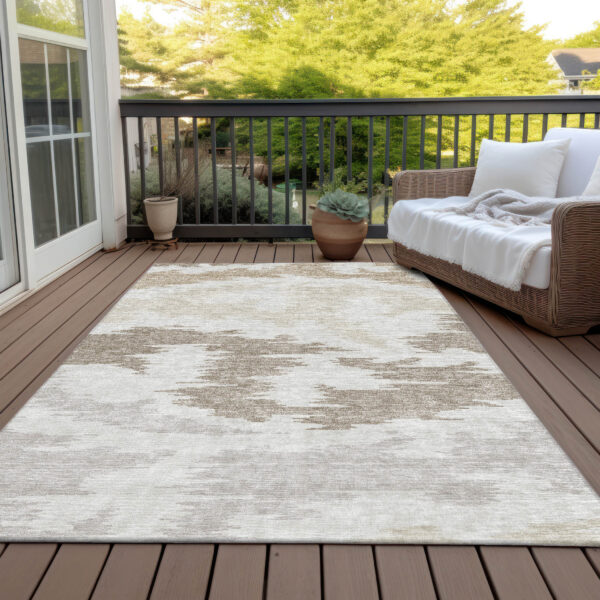 9' X 12' Ivory Beige And Brown Abstract Washable Indoor Outdoor Area Rug