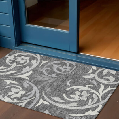 3' X 5' Charcoal Silver And Gray Floral Washable Indoor Outdoor Area Rug