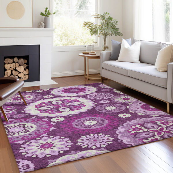 3' X 5' Eggplant And Mauve Floral Medallion Washable Indoor Outdoor Area Rug