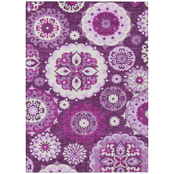 3' X 5' Eggplant And Mauve Floral Medallion Washable Indoor Outdoor Area Rug