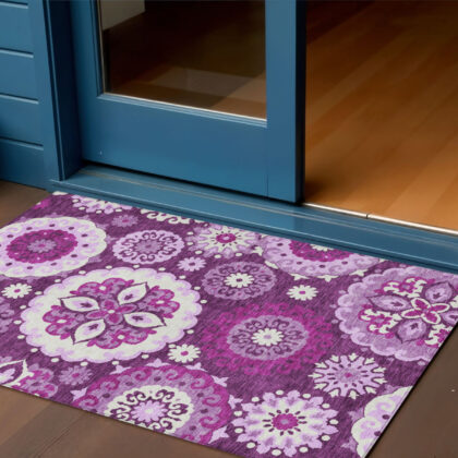 3' X 5' Eggplant And Mauve Floral Medallion Washable Indoor Outdoor Area Rug