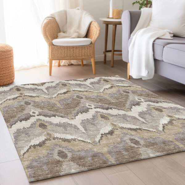 3' X 5' Beige Chocolate And Taupe Ikat Washable Indoor Outdoor Area Rug