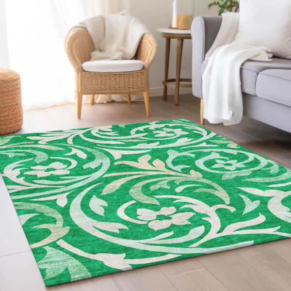 10' X 14' Mint Green And Ivory Floral Washable Indoor Outdoor Area Rug