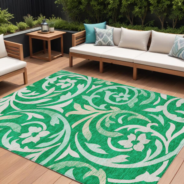 10' X 14' Mint Green And Ivory Floral Washable Indoor Outdoor Area Rug