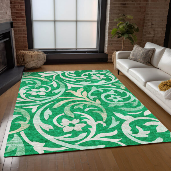 10' X 14' Mint Green And Ivory Floral Washable Indoor Outdoor Area Rug