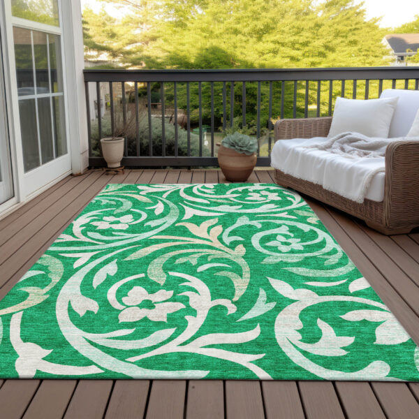 10' X 14' Mint Green And Ivory Floral Washable Indoor Outdoor Area Rug