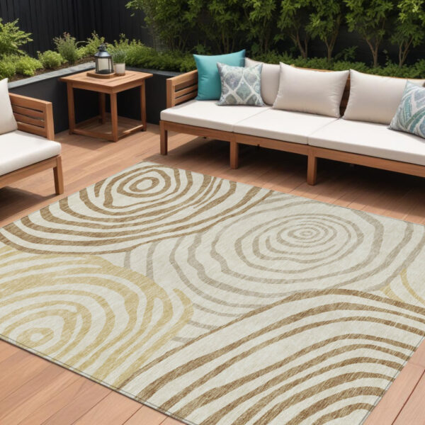 10' X 14' Gold Ivory And Beige Abstract Washable Indoor Outdoor Area Rug