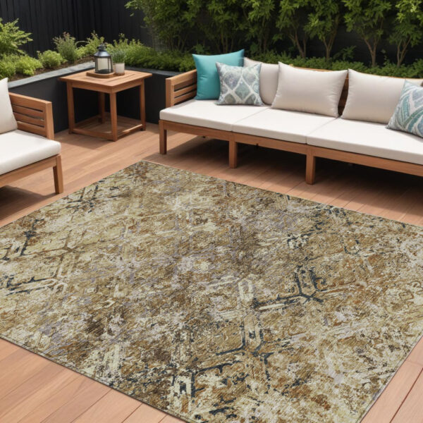 9' X 12' Beige Brown And Copper Geometric Washable Indoor Outdoor Area Rug