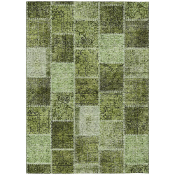 9' X 12' Olive Green And Artichoke Green Patchwork Washable Indoor Outdoor Area Rug